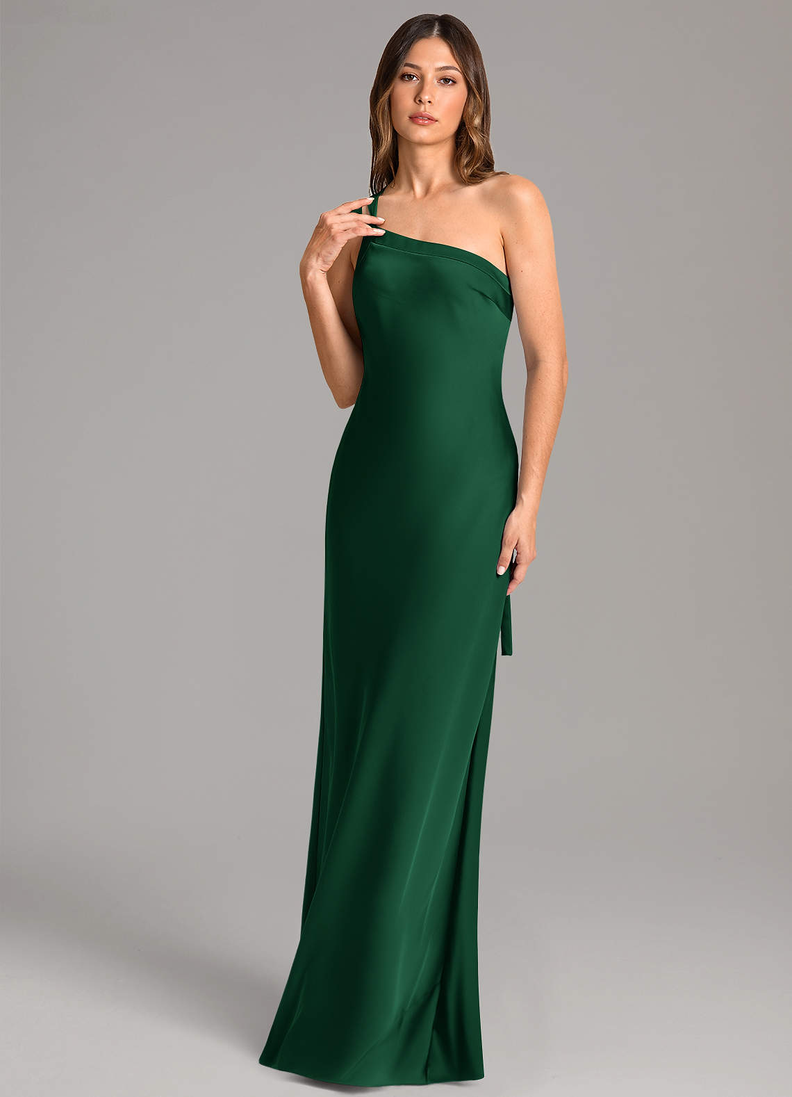Azazie Monroe Bridesmaid Dresses Dark Green Mermaid One Shoulder Stretch Satin Dress image1
