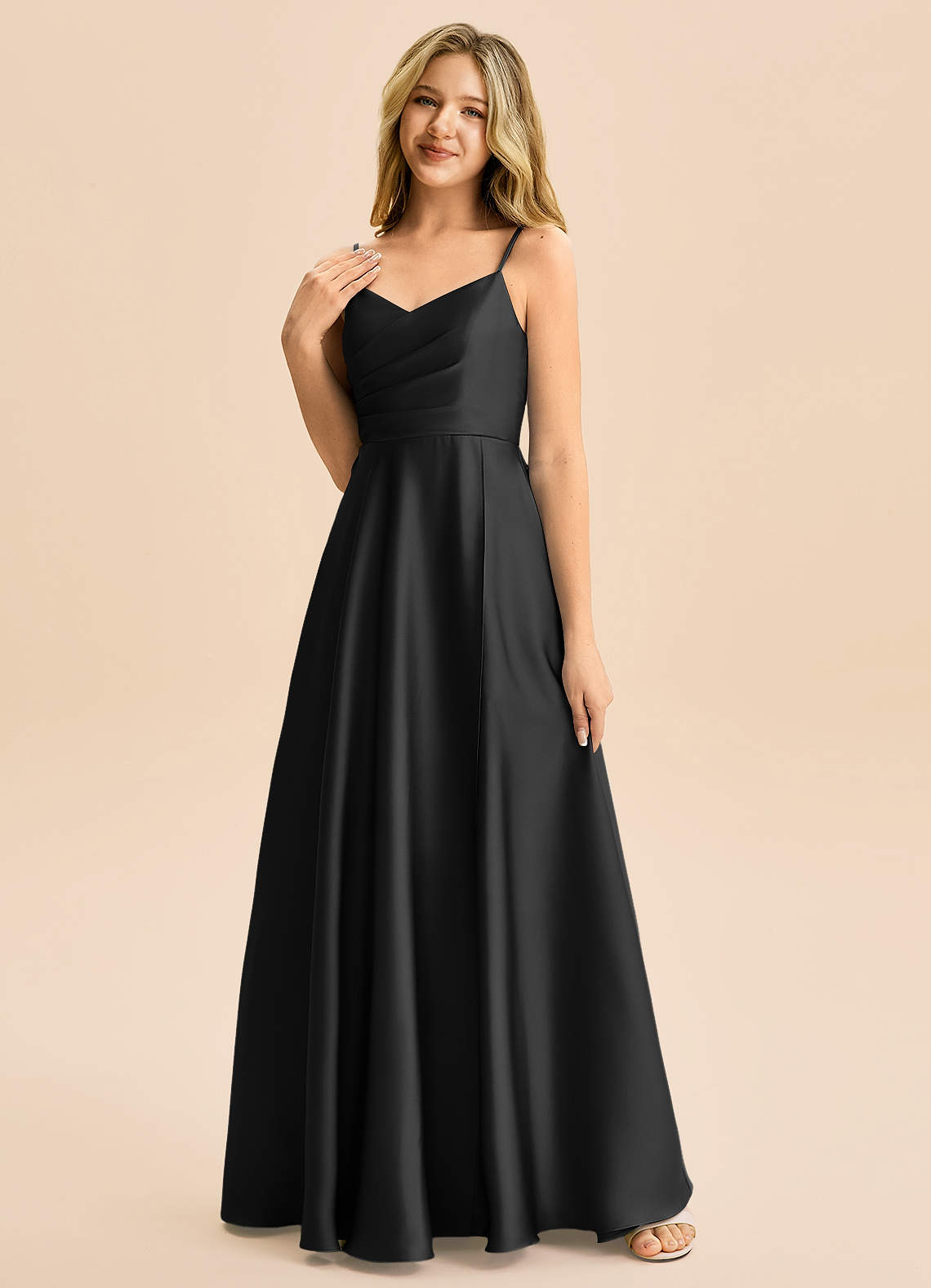 Azazie Rumi Junior Klä av A-Line i Stretch Satin Plisserad image2