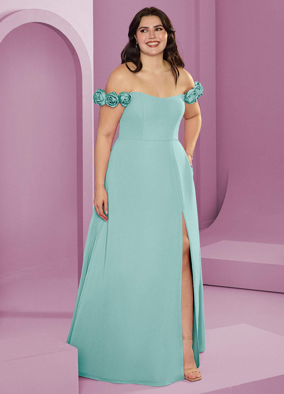 Barbie ♥ Azazie Bridesmaid Dresses Aqua A-Line Off the Shoulder Chiffon Convertible Dress image1