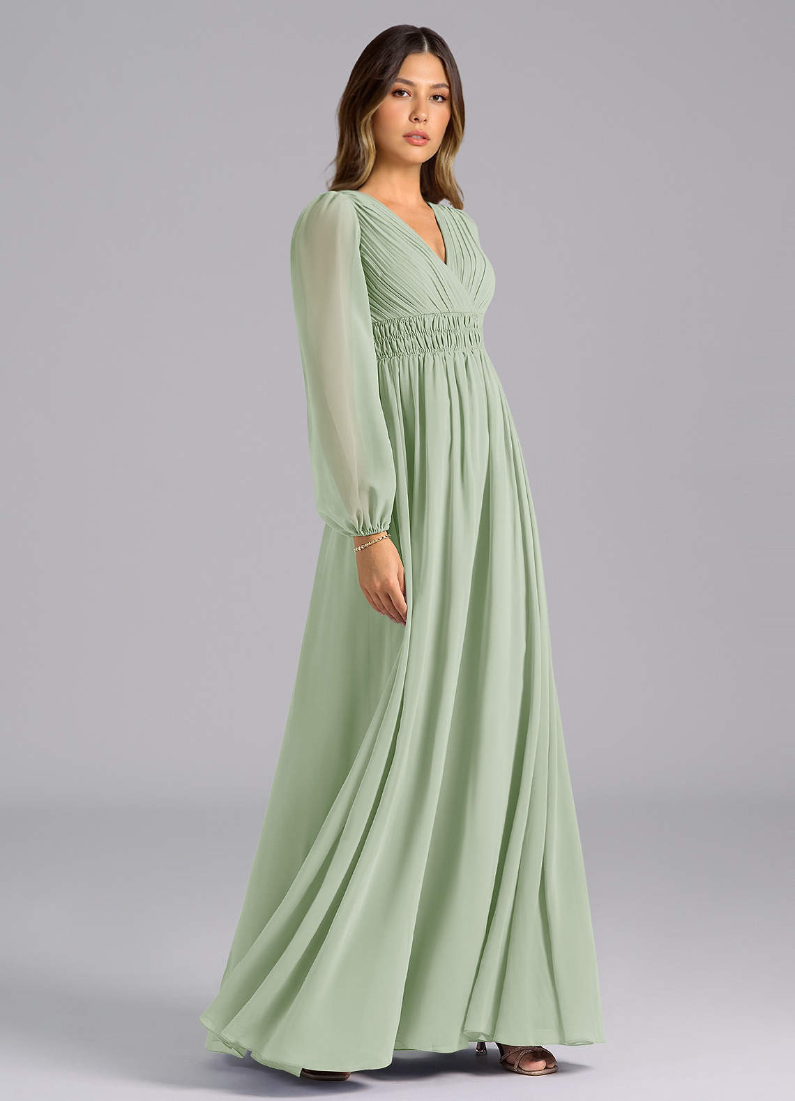 fitted lace wedding dress Zapaka Women Sage Green Chiffon Long Sleeves Bridesmaid Dress Ruched A Line Off The Shoulder Wedding Guest Dress, Sage / US26W