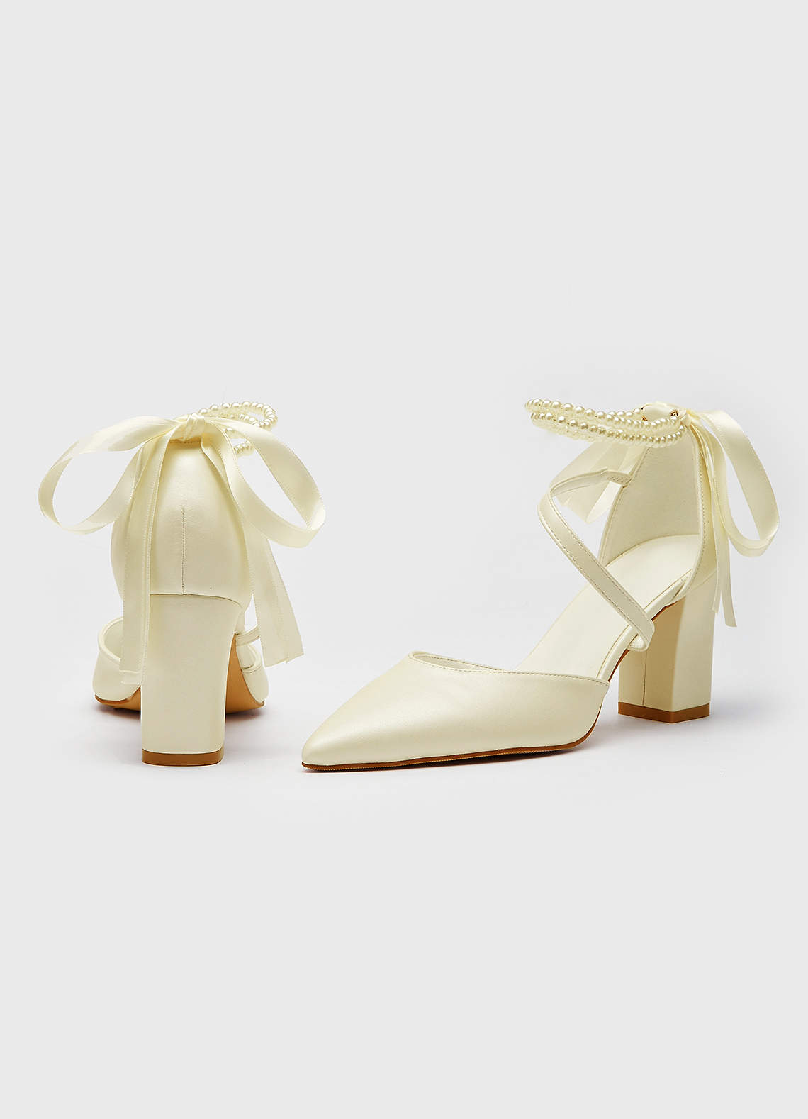 front Pearl Ankle Strap and Bow Pointed Toe Block Heels