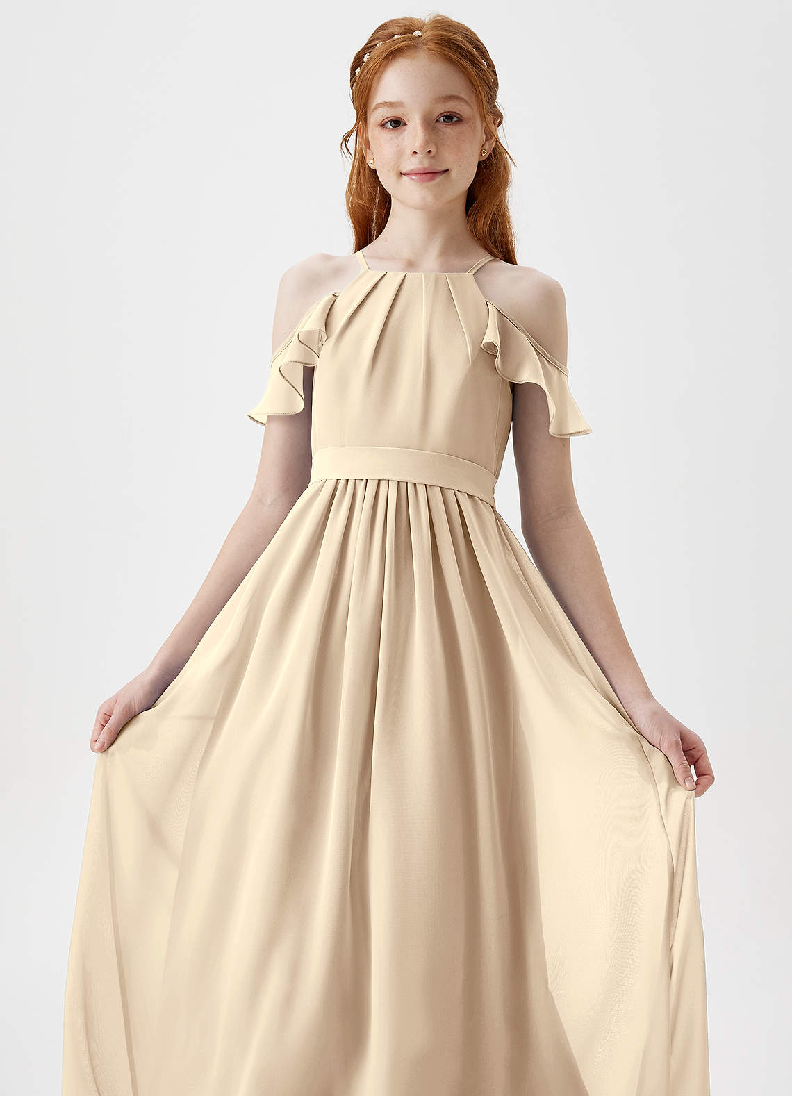 Azazie Chaya Junior Champagne A-Line Off the Shoulder Chiffon Dress image1