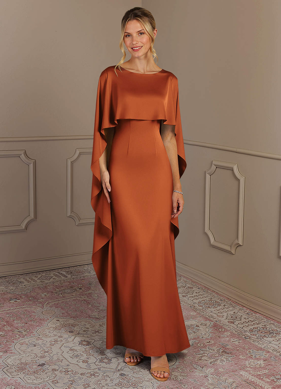 Azazie Eli Mother of the Bride Dresses Cinnamon Sheath Boatneck Stretch Satin Dress image1
