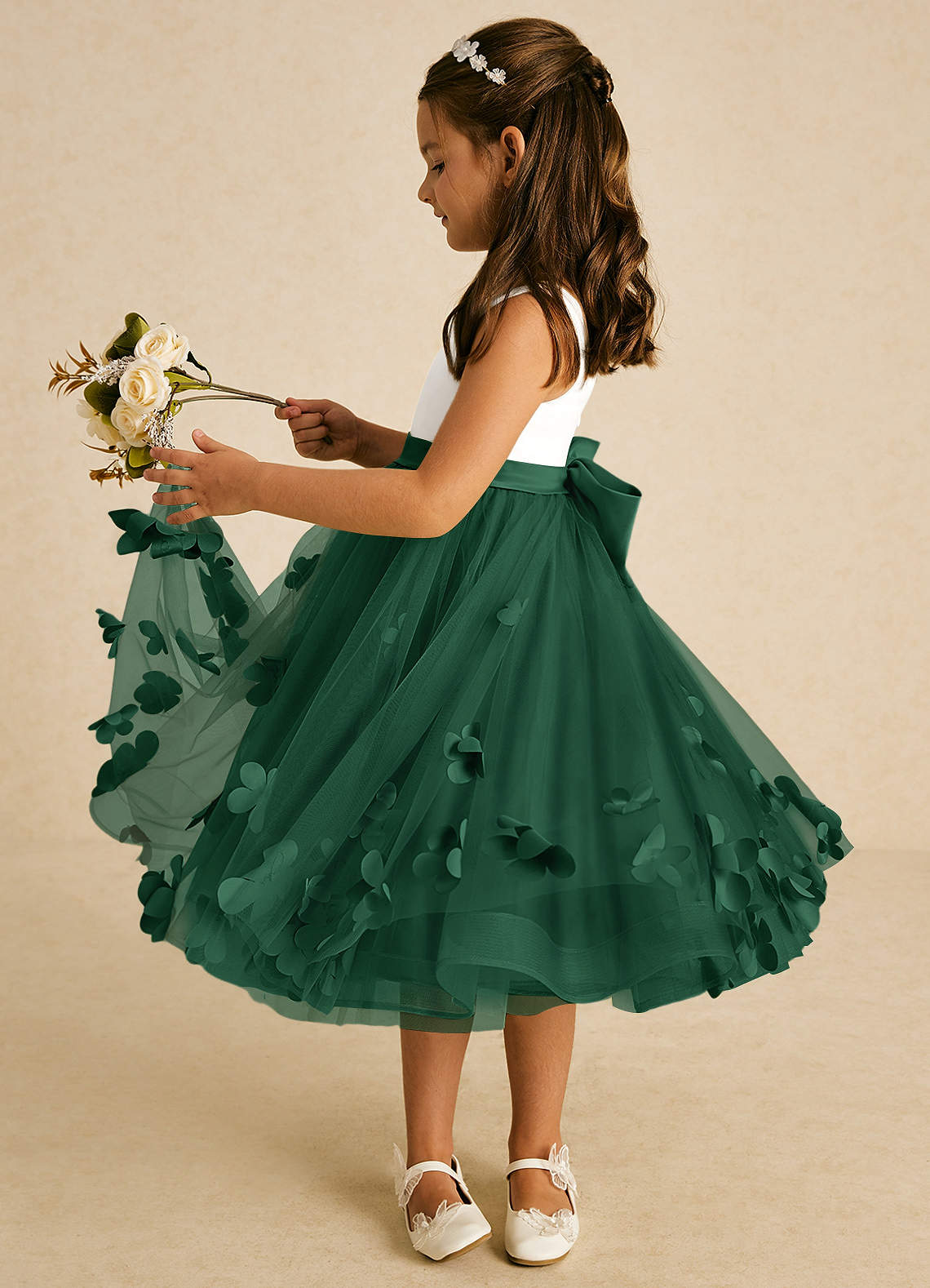 Azazie Sprout Flower Girl Dresses Dark Green A-Line Bow Tulle Dress image3
