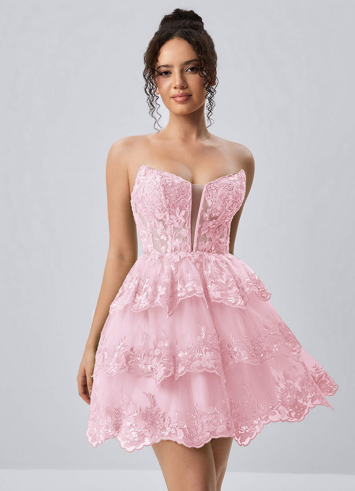 pink a line dress mini Liaorde Lace Sequin Embroidery Ruffles Corset Color:09 Coffee up Back Embellishment Valentine's Day Shop Roblox Dress to Impress: