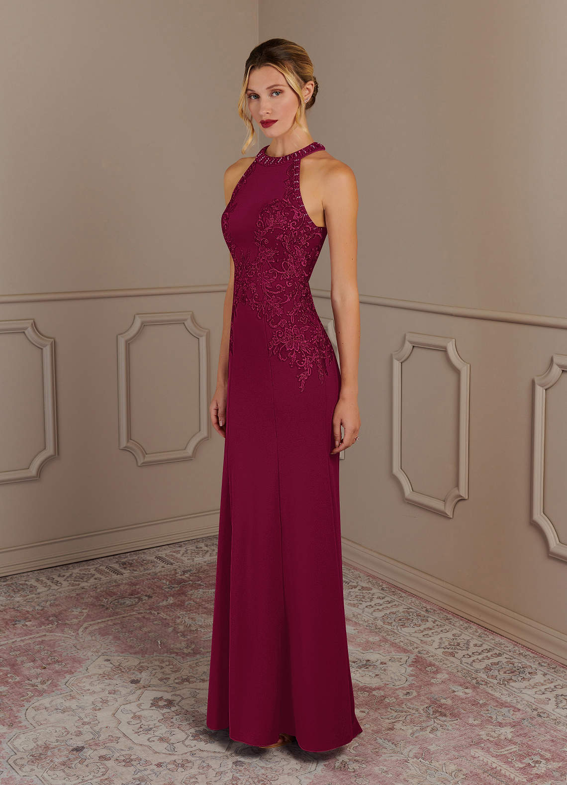 Azazie Tyra Mother of the Bride Dresses Burgundy Mermaid Halter Lace Stretch Crepe Dress image1