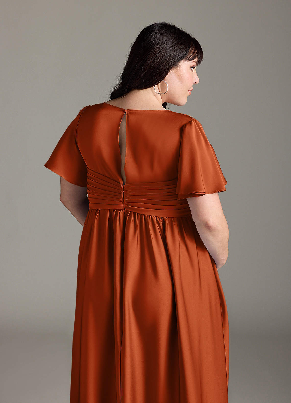 Azazie Verna At-home Try On Dresses A-Line Ruched Stretch Satin Floor-Length Dress image9