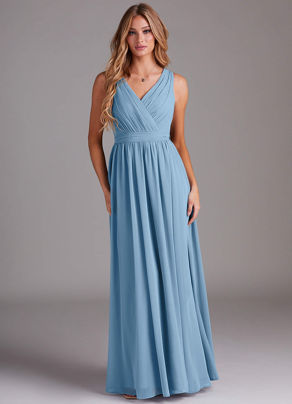 Azazie Kingsley Abiti da Damigella Abito A-Line in Chiffon Pizzo Blu Acciaio image1