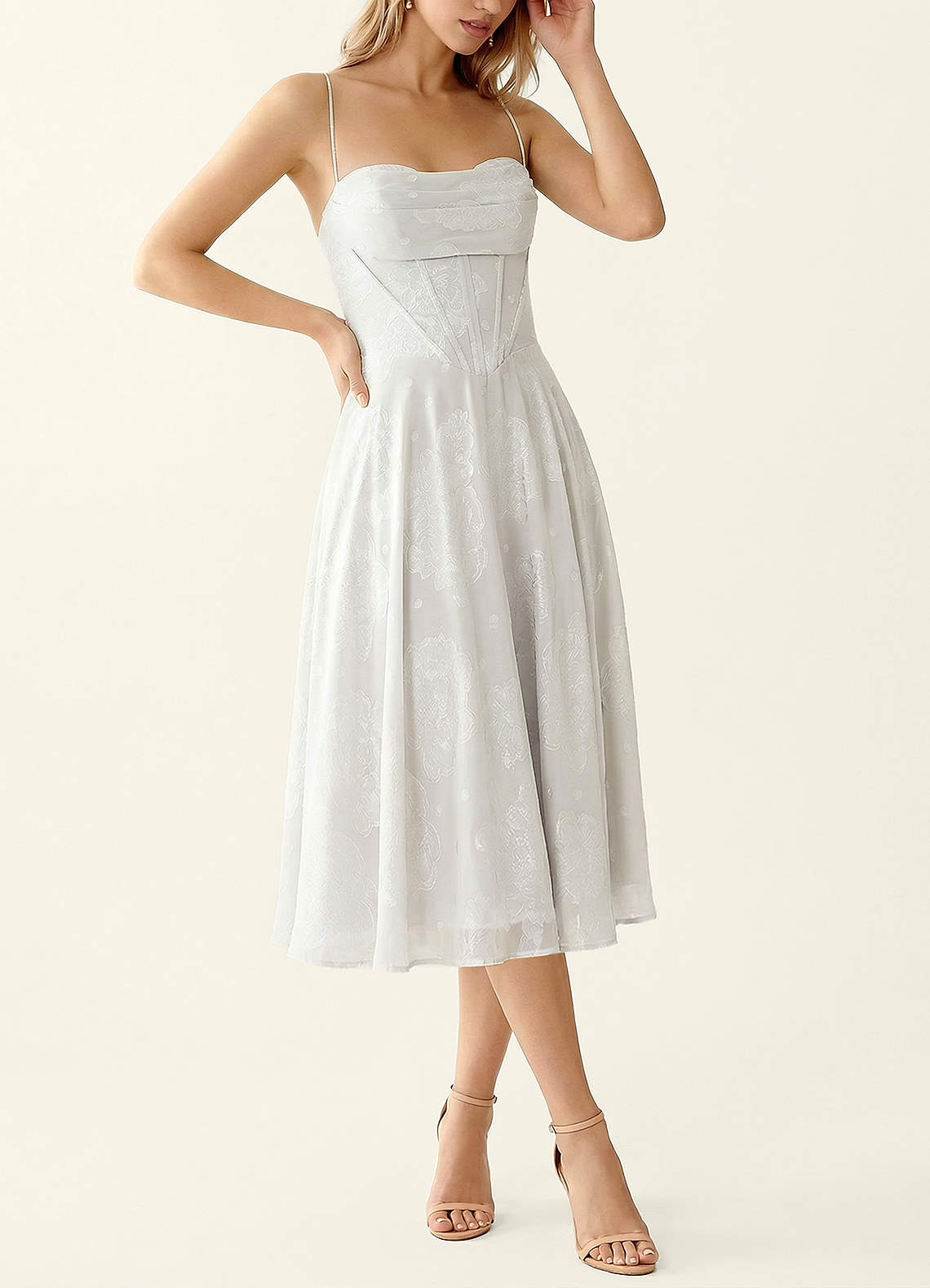 Verena White Alabaster Jacquard Midi A-line Graduation Dress