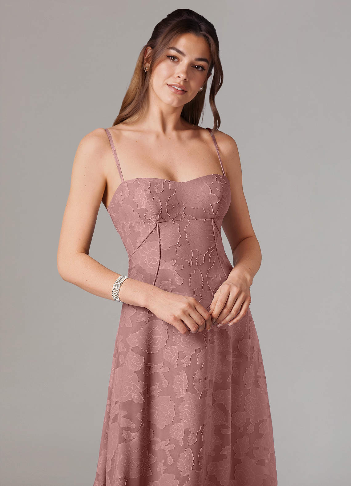 Azazie Valentine Bridesmaid Dresses Dusty Rose A-Line Sweetheart Neckline Floral Burnout Dress image1