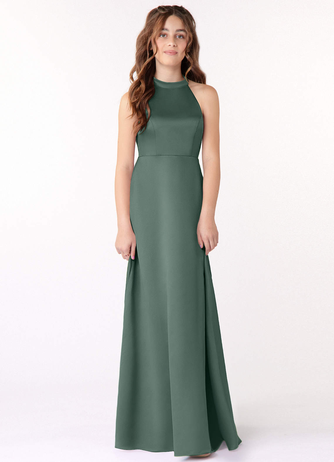 Azazie Laurel Junior Sea Moss A-Line Stretch Satin Dress image1
