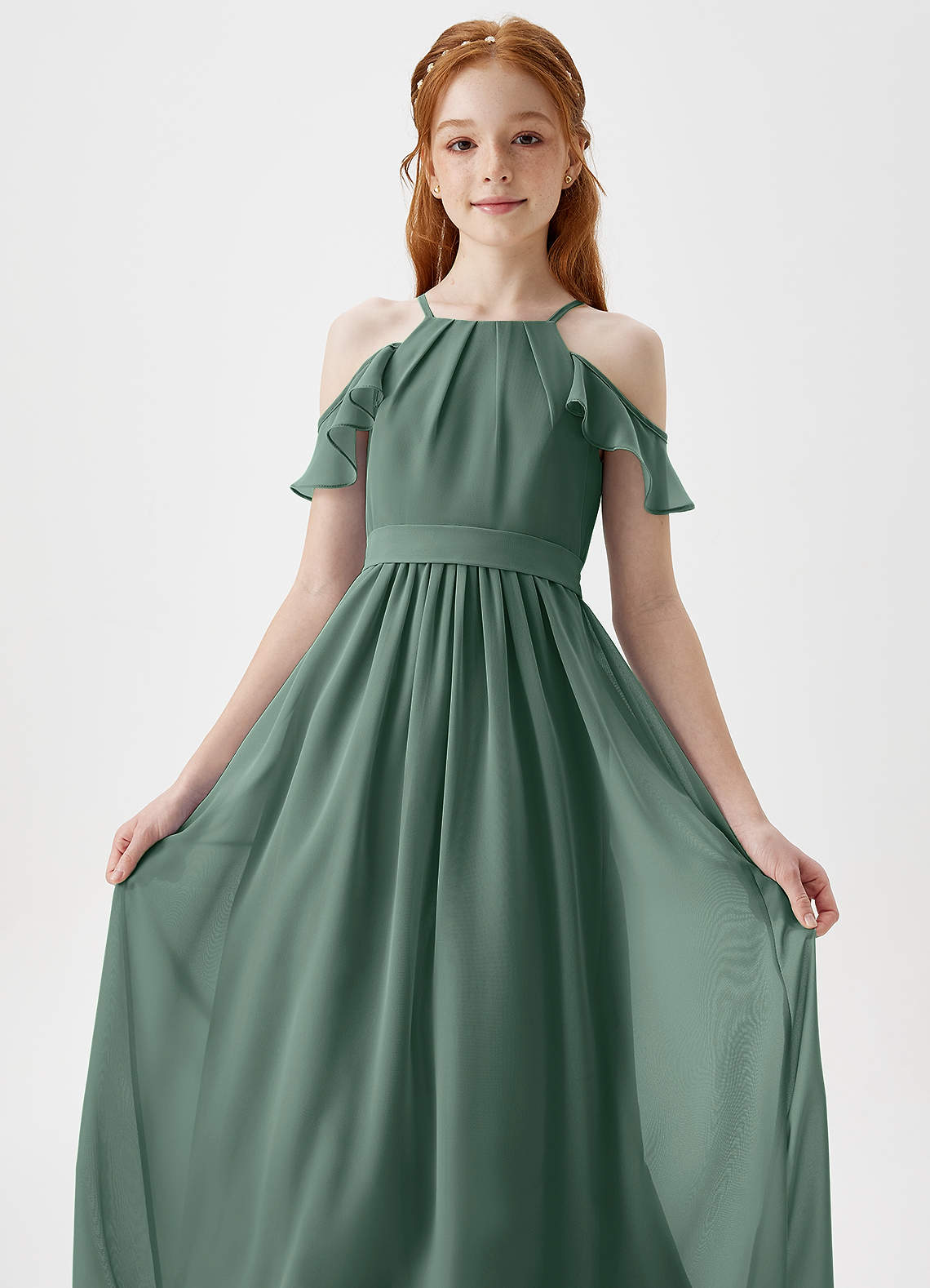 Azazie Chaya Junior Sea Moss A-Line Off the Shoulder Chiffon Dress image1