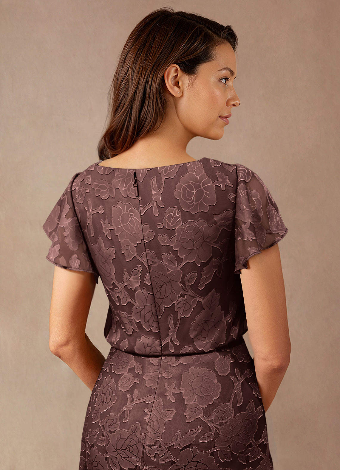 Azazie Lehi Mother of the Bride Dresses Espresso A-Line Boatneck Floral Burnout Dress image6
