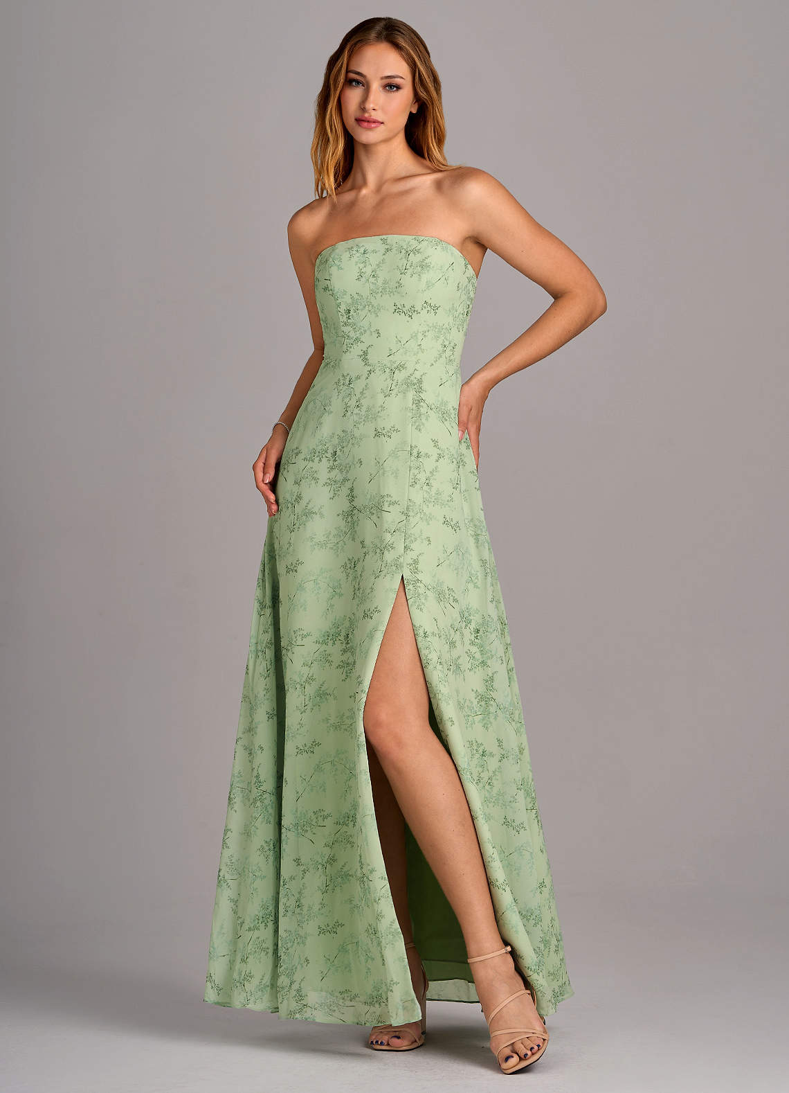 Azazie Wren Bridesmaid Dresses Green Fern Floral A-Line Side Slit Chiffon Convertible Dress image2