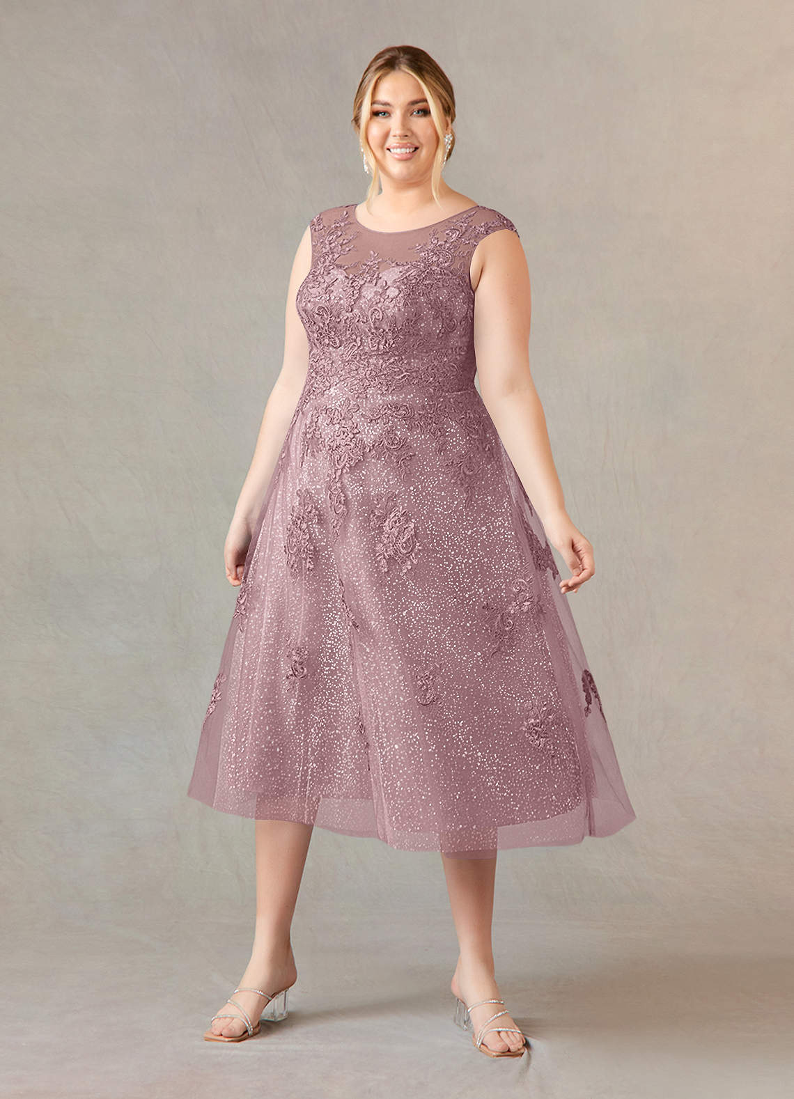 Azazie Flynn Mother of the Bride Dresses Dusty Rose A-Line Boatneck Lace Tulle Dress image1