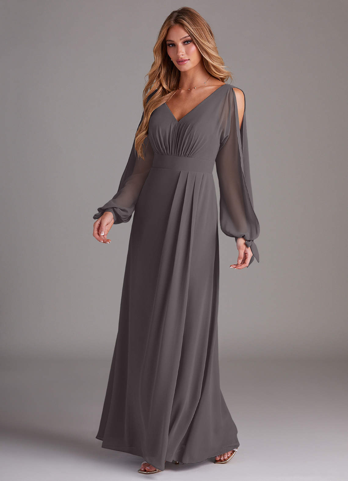 Azazie Matilda Bridesmaid Dresses Steel Grey A-Line Long Sleeve Chiffon Dress image1
