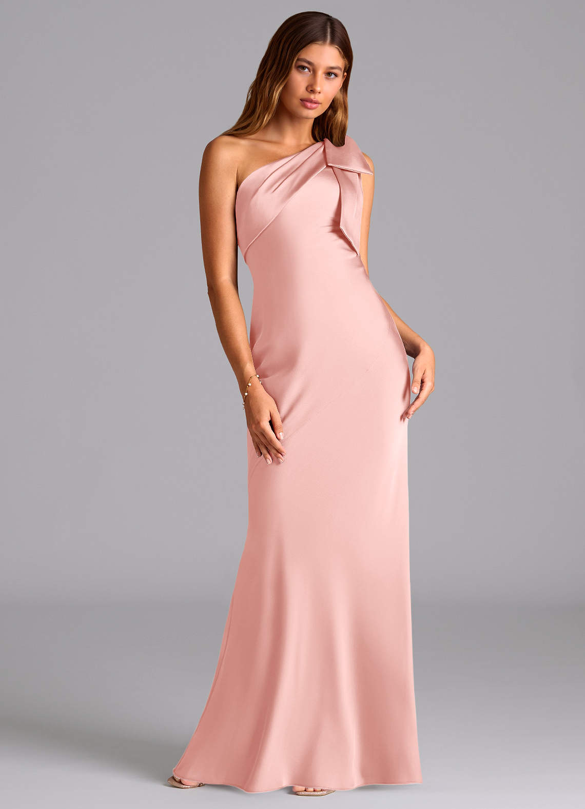 Azazie Yuanna Bridesmaid Dresses Powder Pink Mermaid One Shoulder Stretch Satin Dress image2
