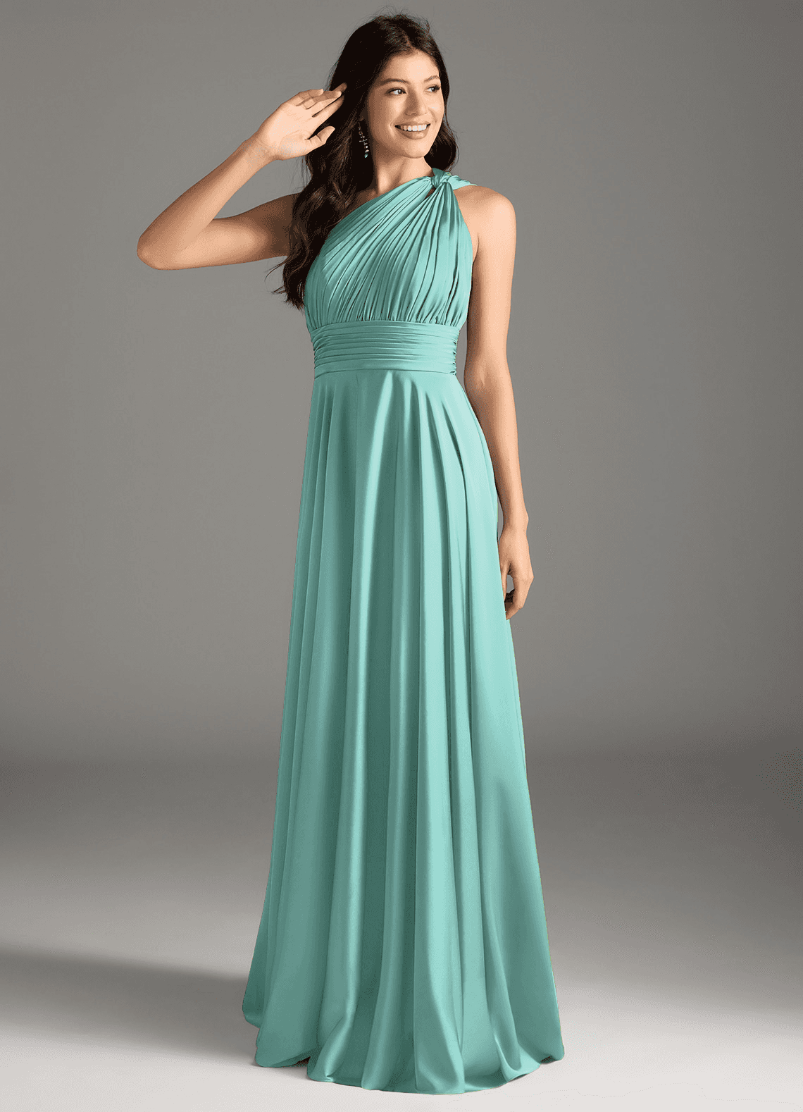 Azazie Charlize Bridesmaid Dresses Aqua A-Line One Shoulder Stretch Satin Dress image1