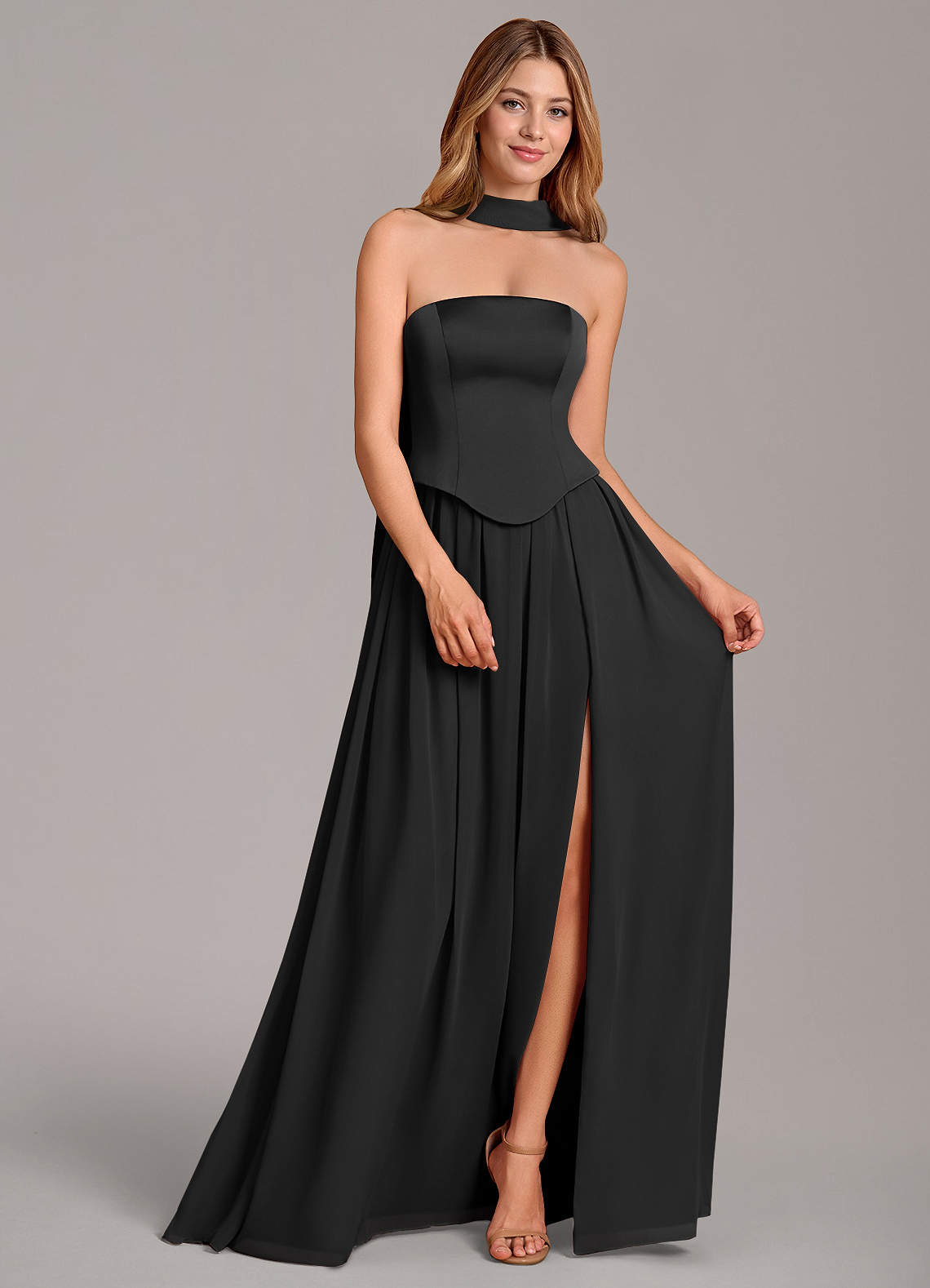 Azazie Cadence Bridesmaid Dresses Black A-Line Corset Stretch Satin Convertible Dress image2