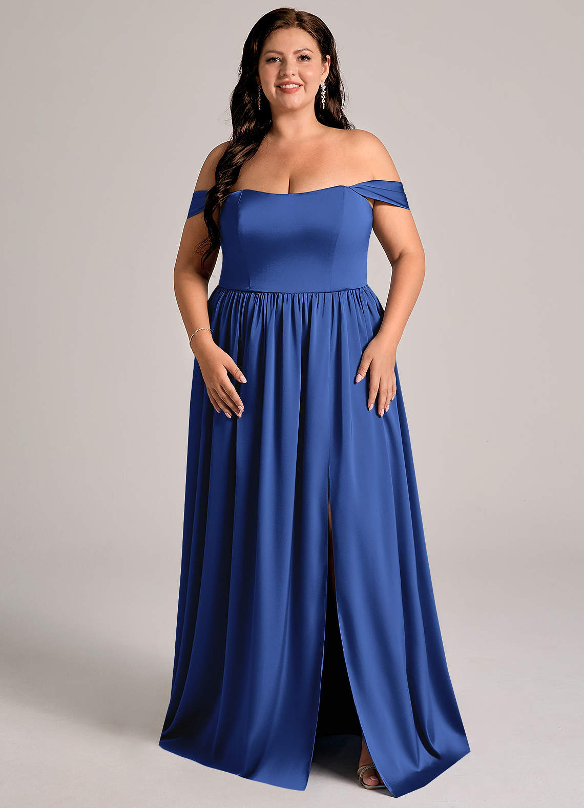 Azazie Calianna Bridesmaid Dresses Royal Blue A-Line Off the Shoulder Stretch Satin Convertible Dress image1