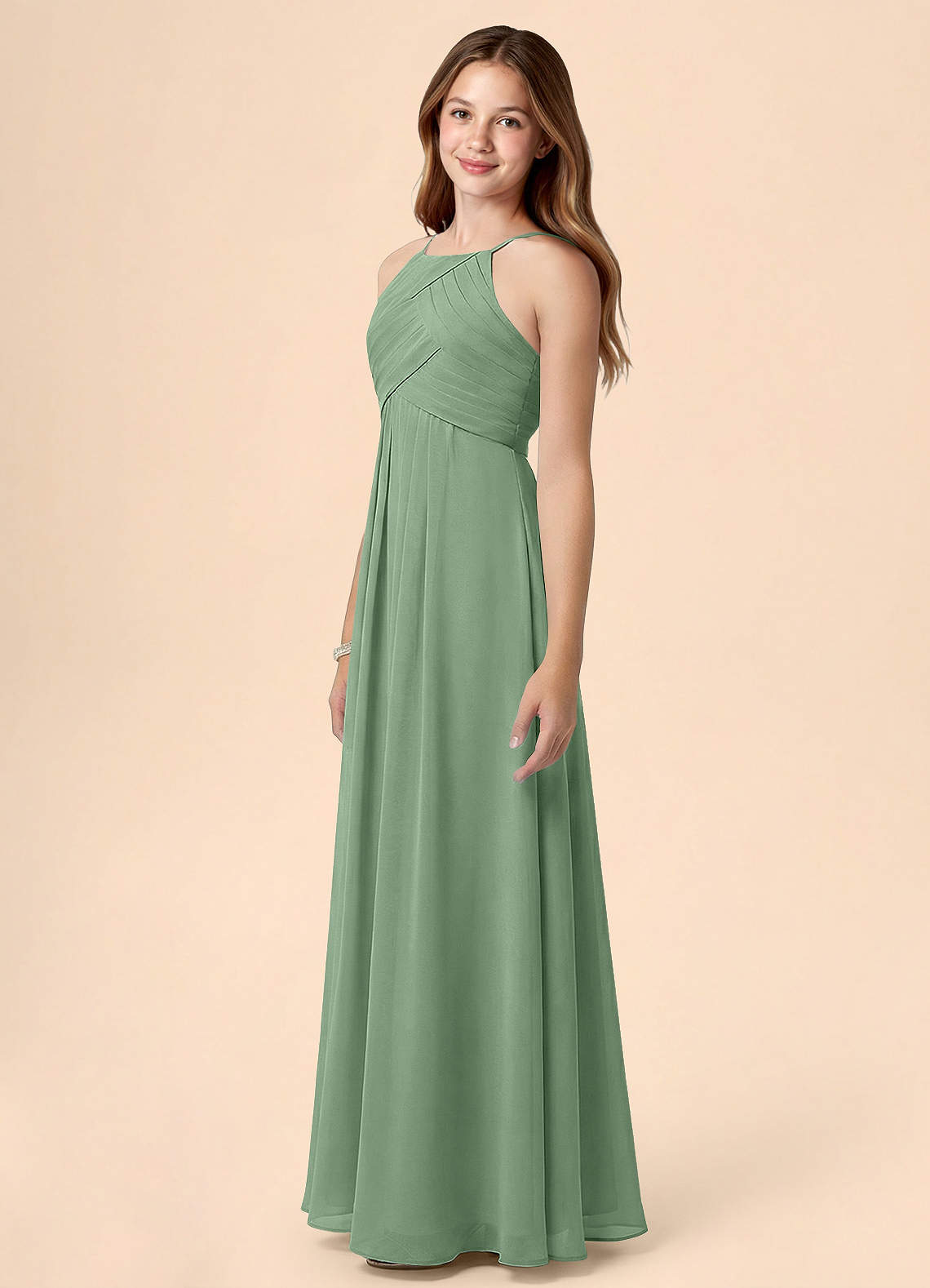 Azazie Ginny Junior Abito A-Line in Chiffon Plissettato Matcha image2
