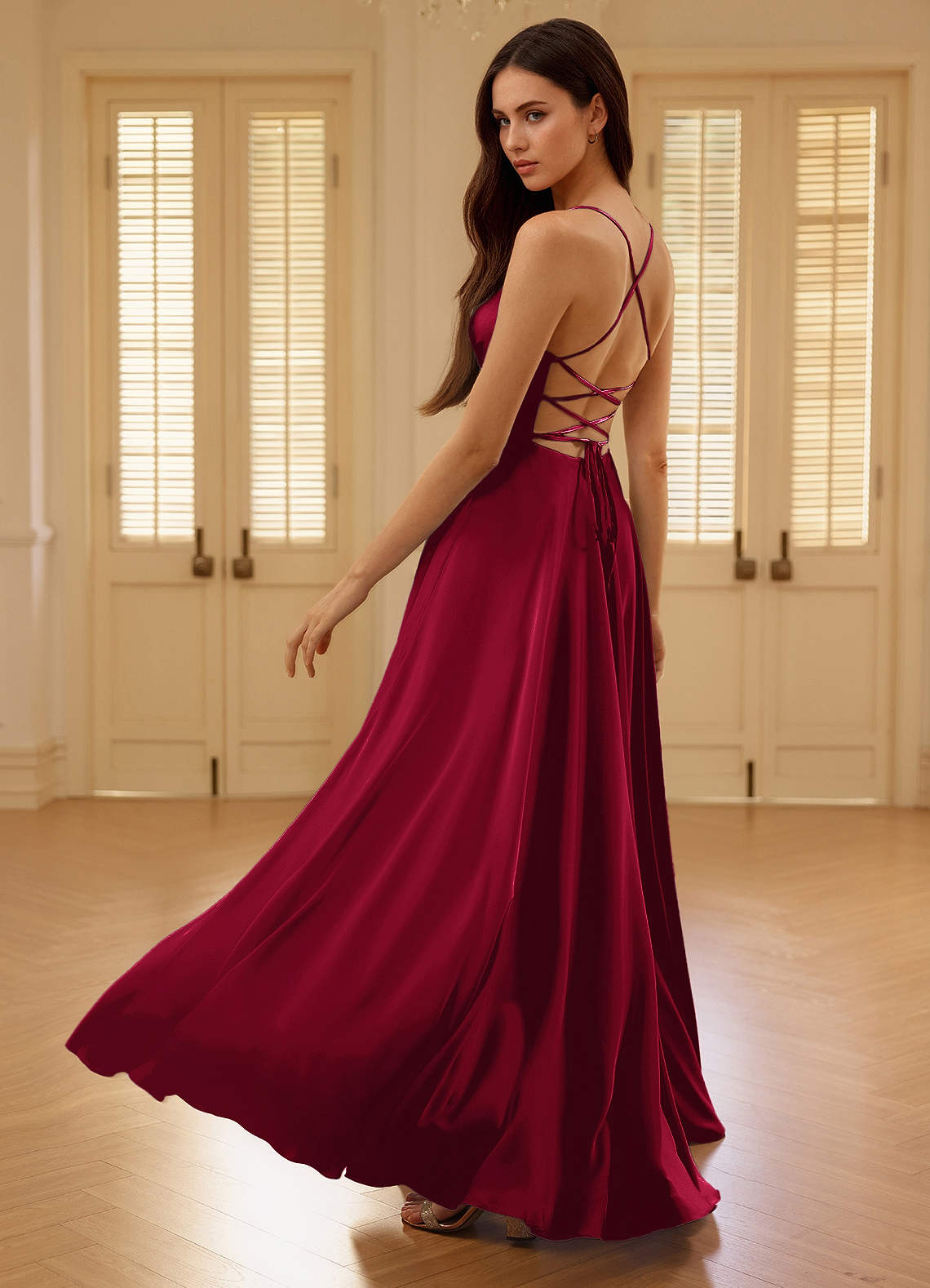 Satelia Merlot V-neckline A-Line Prom Dress