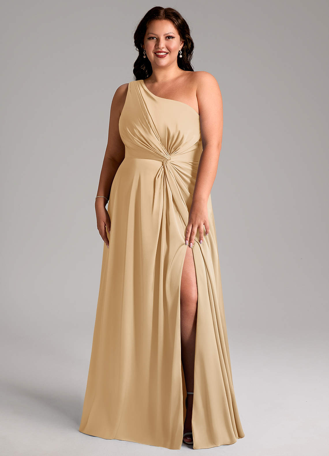Azazie Brooke Bridesmaid Dresses Gold A-Line One Shoulder Stretch Satin Dress image1
