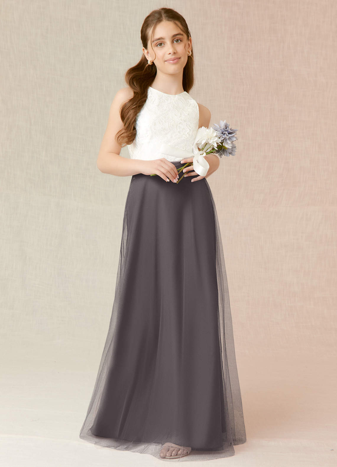 Azazie Albertine Junior Steel Grey A-Line Lace Chiffon Dress image1