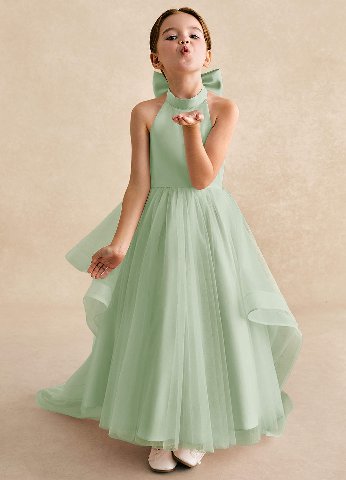 Azazie Bev Flower Girl Dresses Dusty Sage A-Line Convertible Tulle Dress image3