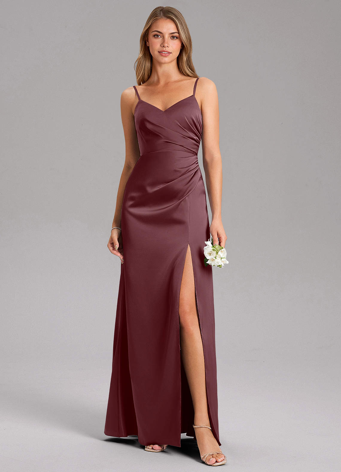 Azazie Azuree Bridesmaid Dresses Sangria A-Line Pleated Stretch Satin Dress image1