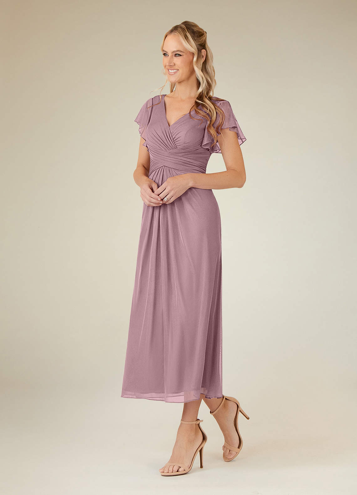Azazie Vera Mother of the Bride Dresses Dusty Rose A-Line V-Neck Pleated Mesh Dress image1