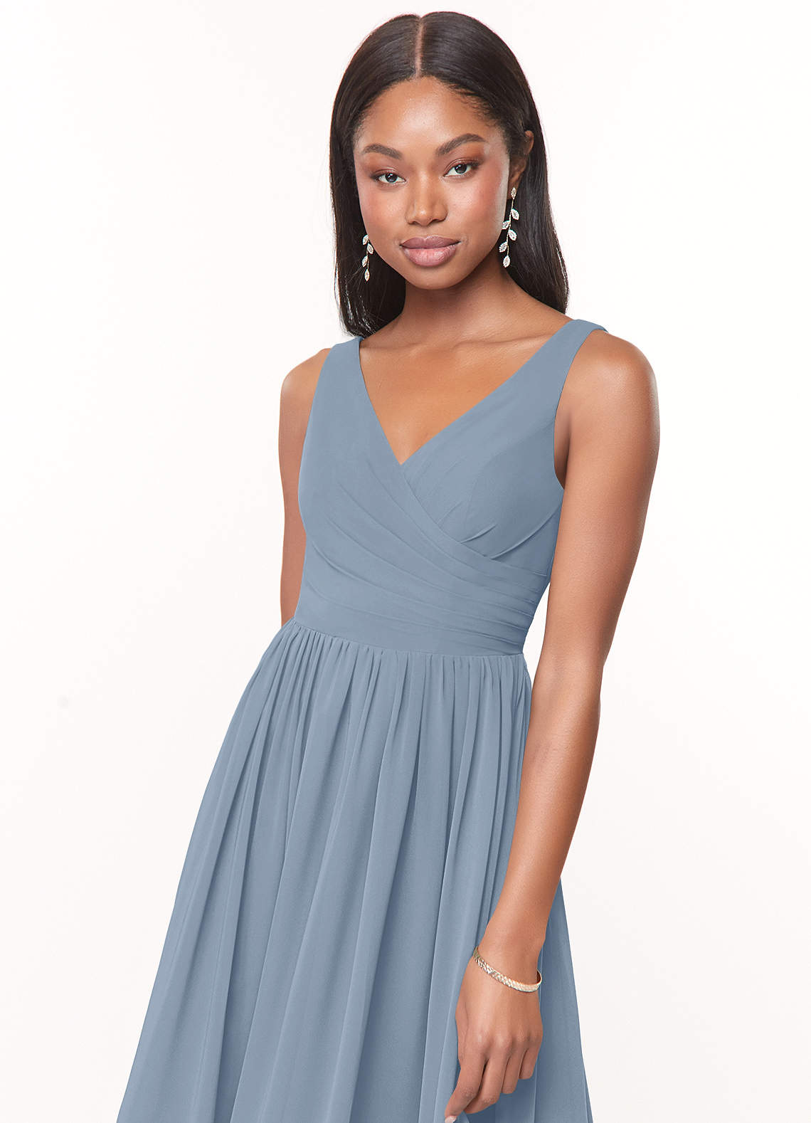 Azazie Keyla Bridesmaid Dresses Dusty Blue A-Line V-Neck Pleated Chiffon Dress image4