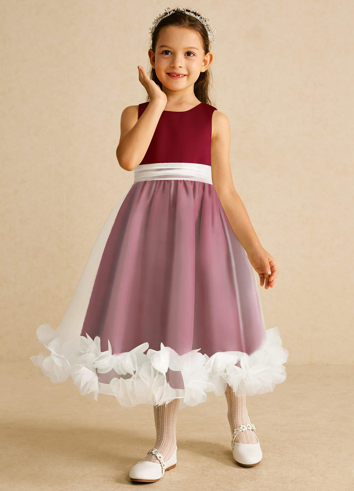 Azazie Stardust Flower Girl Dresses Burgundy A-Line Sleeveless Organza Dress image4