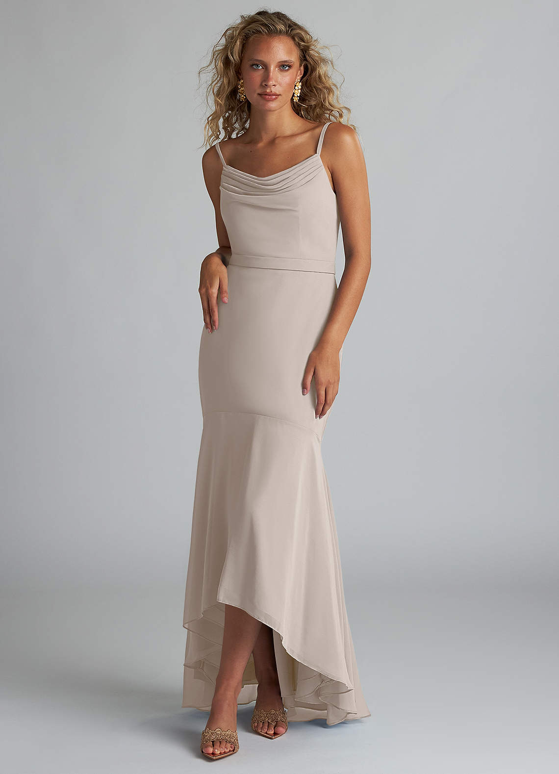Azazie Summer Bridesmaid Dresses Frost Mermaid Scoop Cowl Chiffon Dress image1