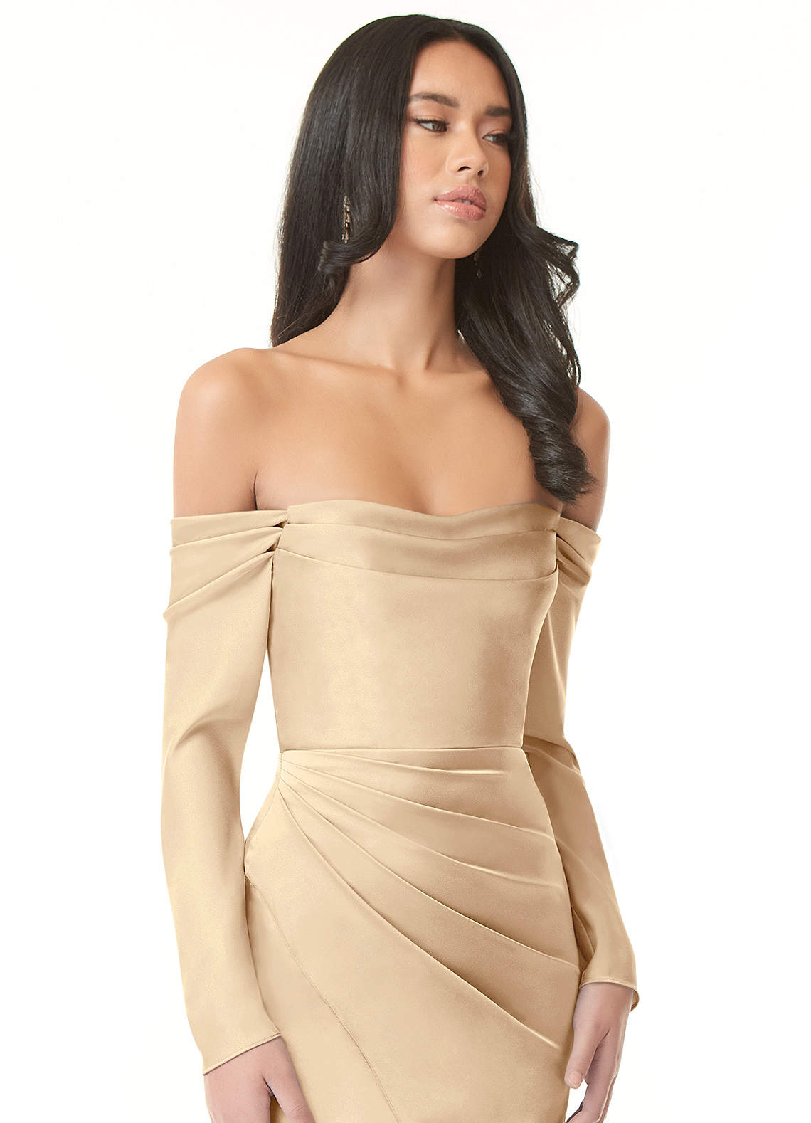 Azazie Hallie Bridesmaid Dresses Champagne Sheath Off-The-Shoulder Long Sleeve Stretch Satin Convertible Dress image1