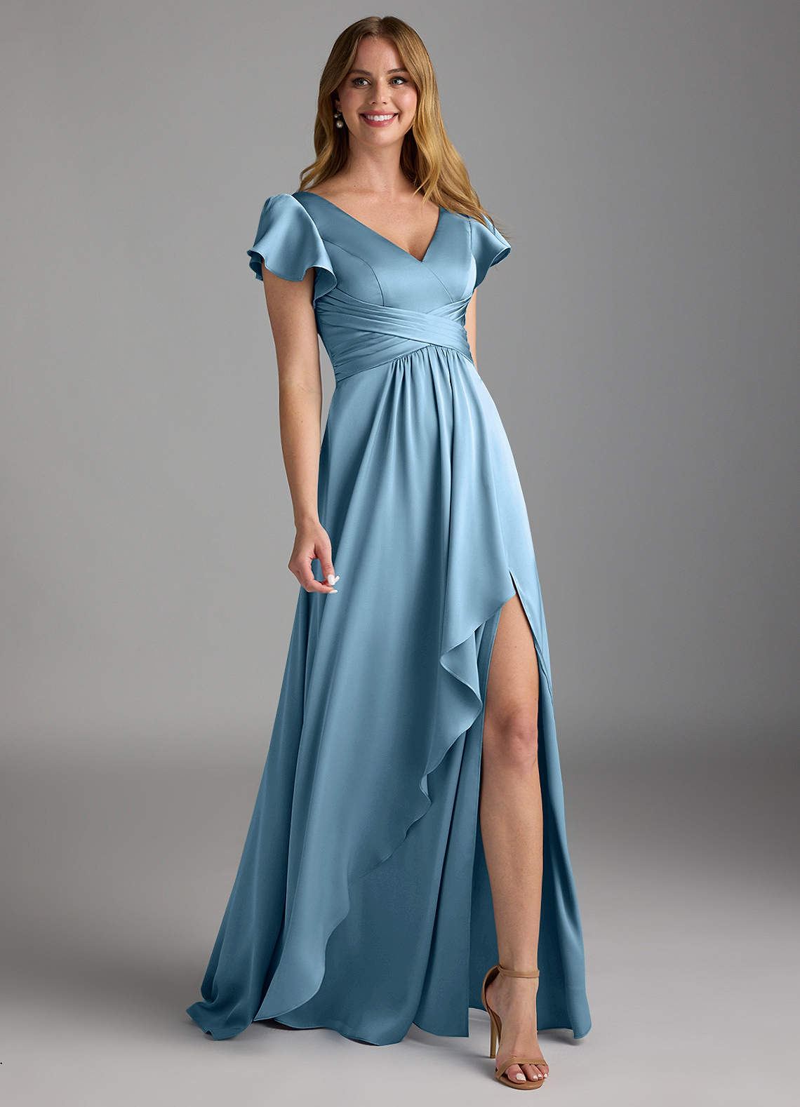 Azazie Omari Bridesmaid Dresses Steel Blue A-Line Stretch Satin Dress image1