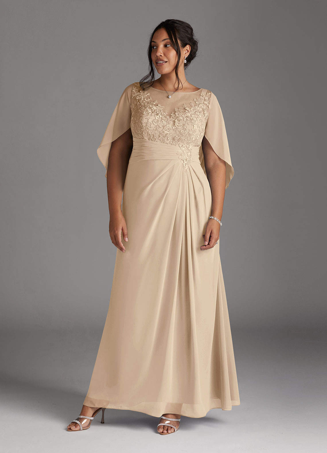 Azazie Hera Mother of the Bride Dresses Champagne A-Line Lace Capelet Chiffon Dress image7