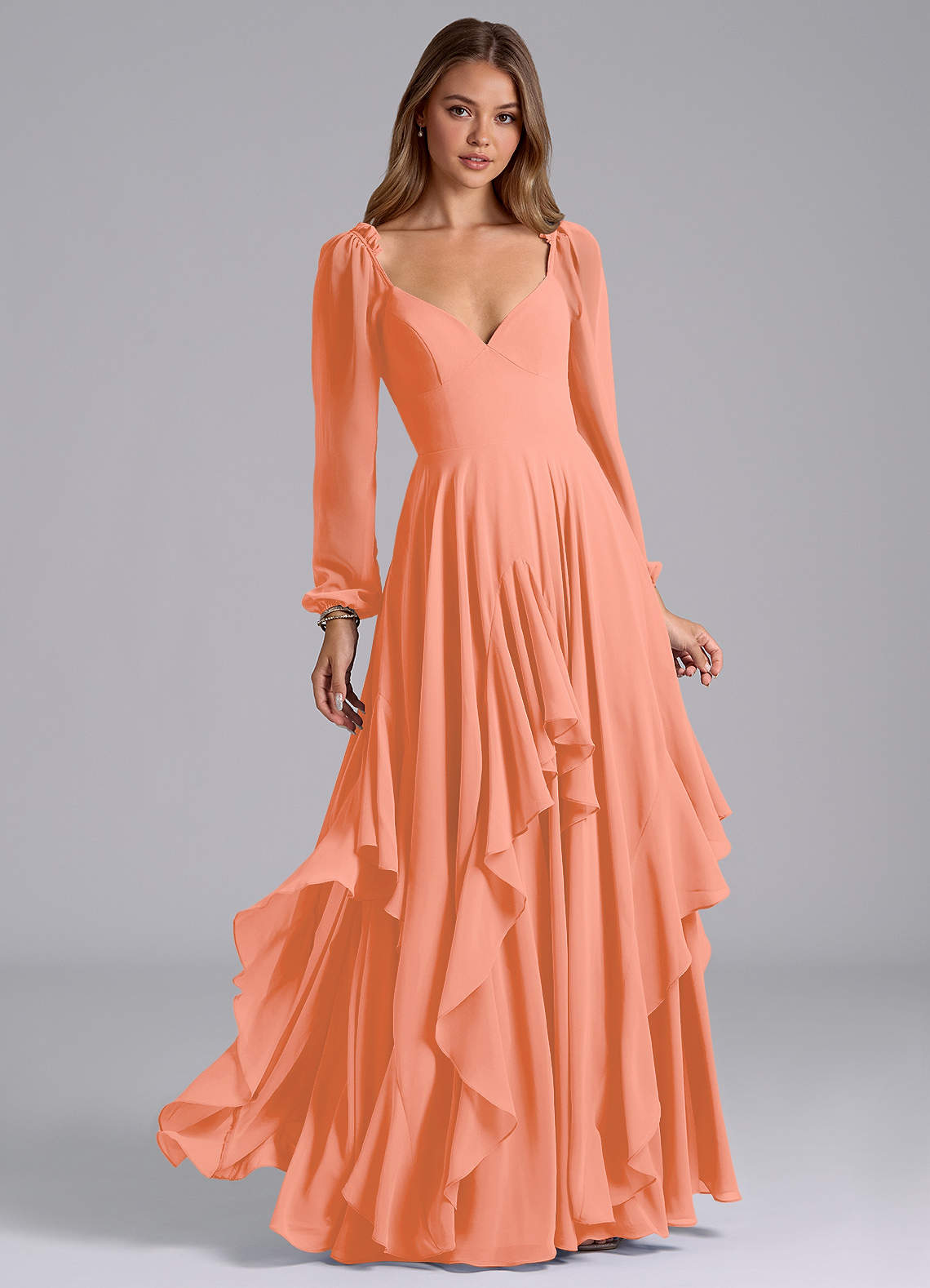 Azazie Karan Bridesmaid Dresses Sunset A-Line Long Sleeve Chiffon Dress image1