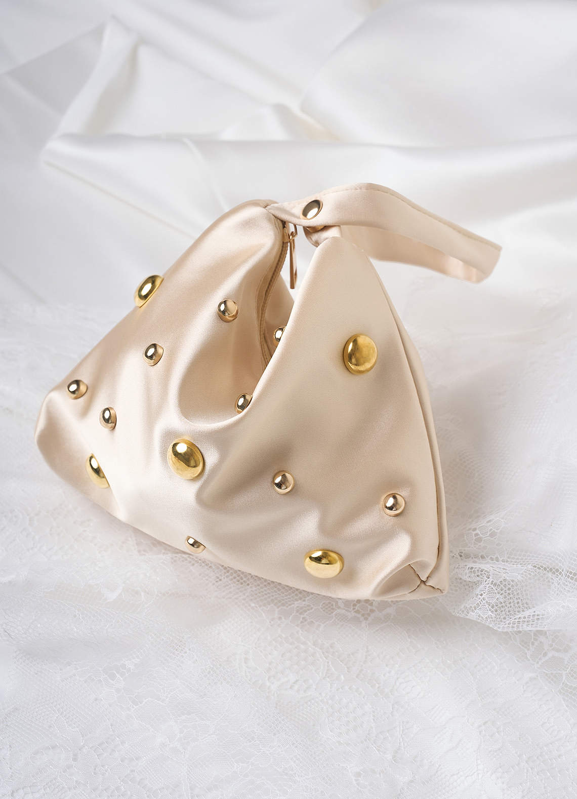front Studded Satin Adjustable Shoulder Bag