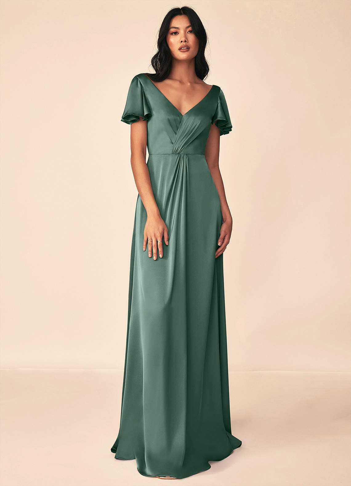 Azazie Soren Bridesmaid Dresses Eucalyptus A-Line Pleated Stretch Satin Dress image1