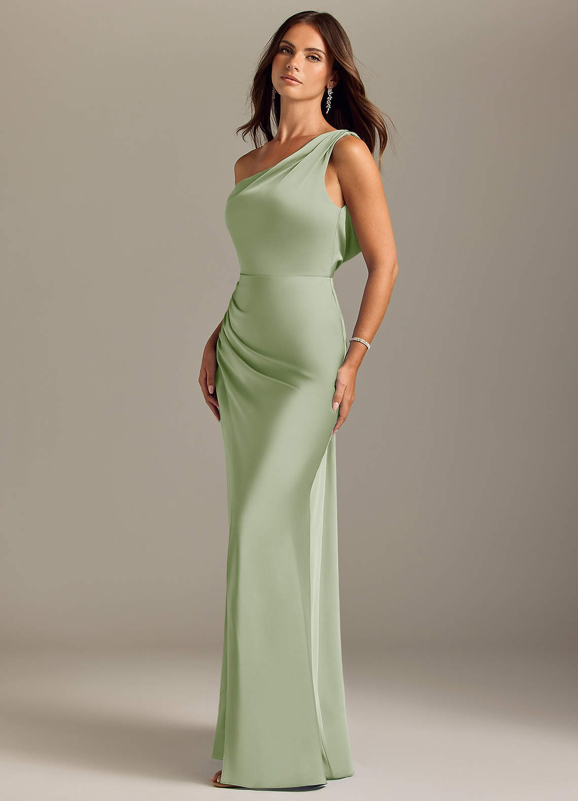 Azazie Madelyn Bridesmaid Dresses Dusty Sage Mermaid Off the Shoulder Stretch Satin Convertible Dress image2