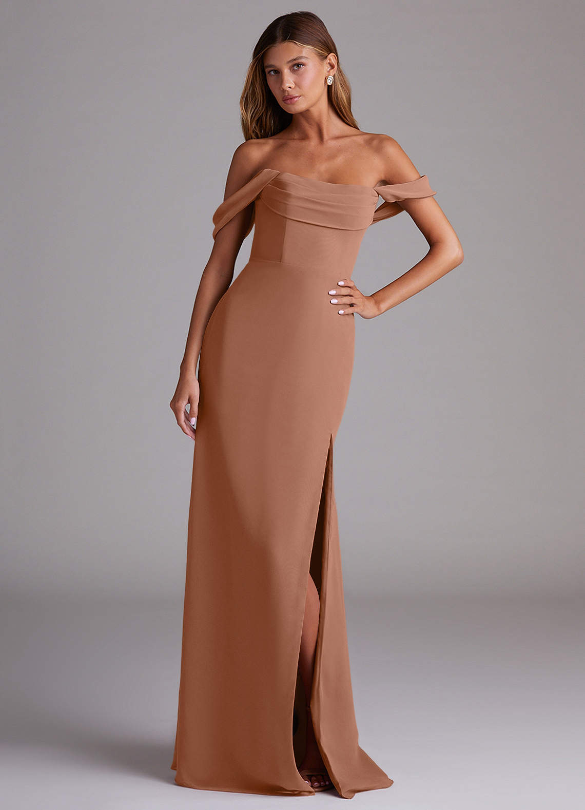 bronze bridesmaid dress Azazie Hope The distinctive twisted front creates a captivating focal point Azazie Saige