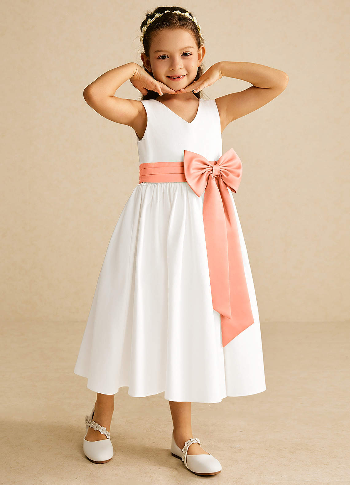 Azazie Darling Flower Girl Dresses Ivory Sunset A-Line Bow Cotton Dress image1