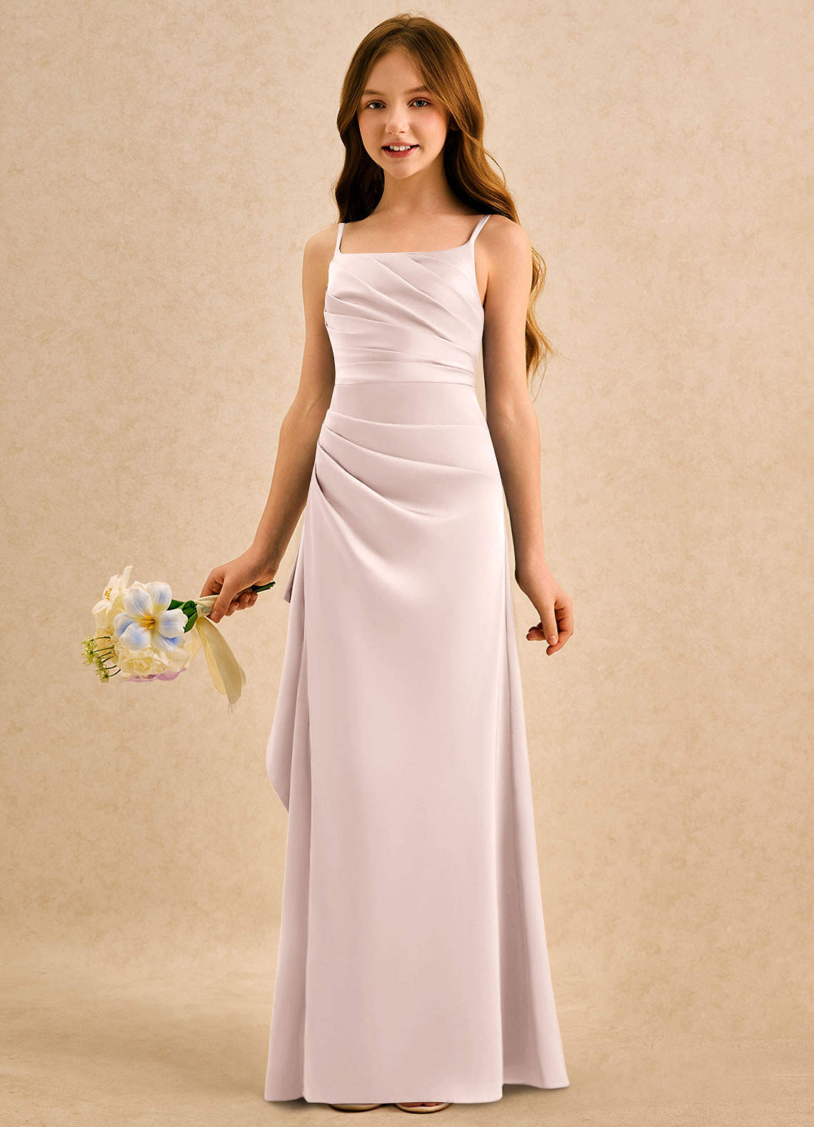Azazie Cannoli Girls Formal Vestidos de florista Vestido Rosa Corado de Cetim elástico de Linha A com Plissado image3