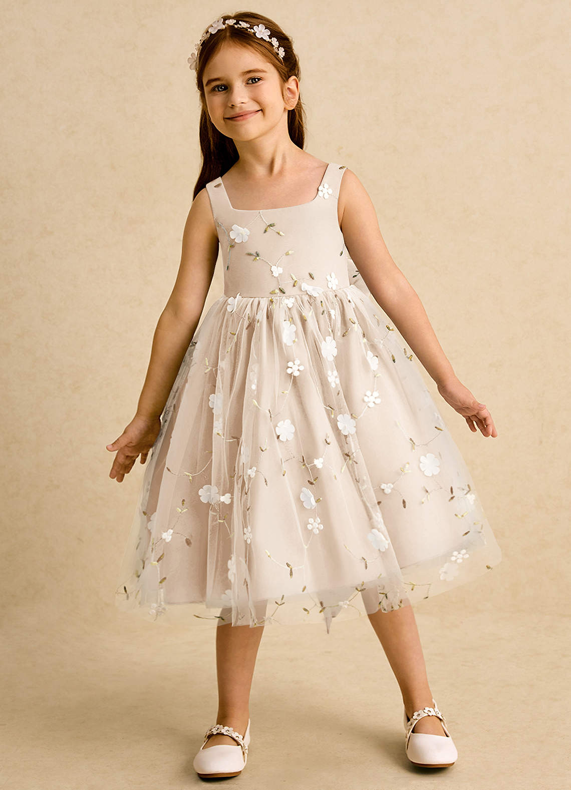 Azazie Bean Flower Girl Dresses White Alabaster Ball-Gown Sleeveless Tulle Dress image2