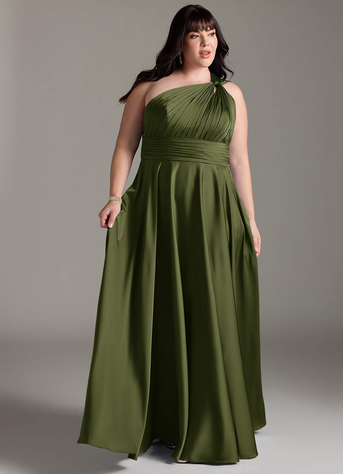 Azazie Charlize Bridesmaid Dresses Olive A-Line One Shoulder Stretch Satin Dress image10
