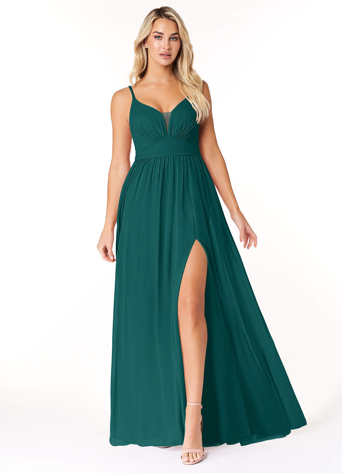 Azazie Rayna Bridesmaid Dresses Peacock A-Line V-Neck Pleated Chiffon Dress image1