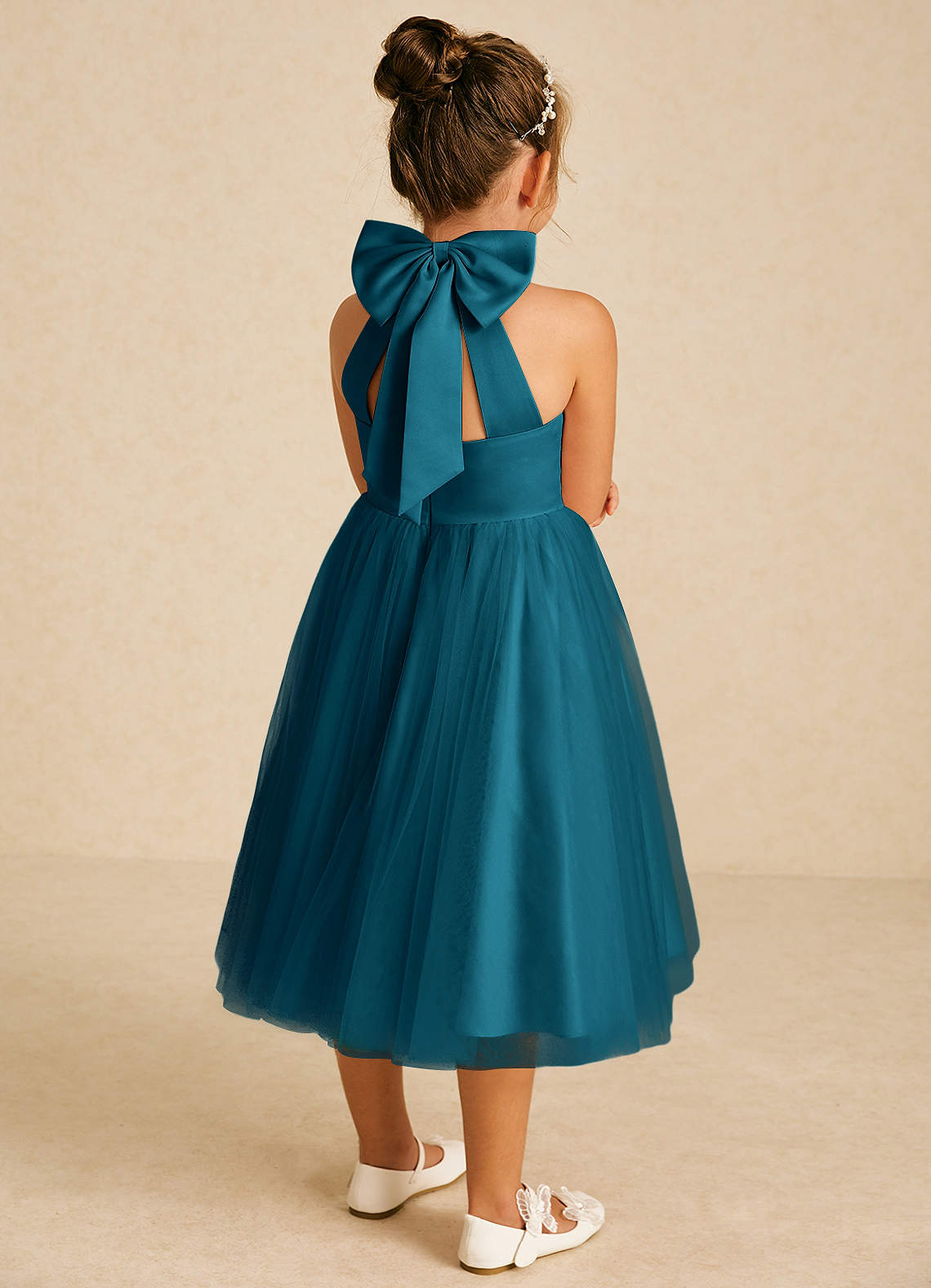 Azazie Dora Flower Girl Dresses Ink Blue A-Line Bow Tulle Dress image1