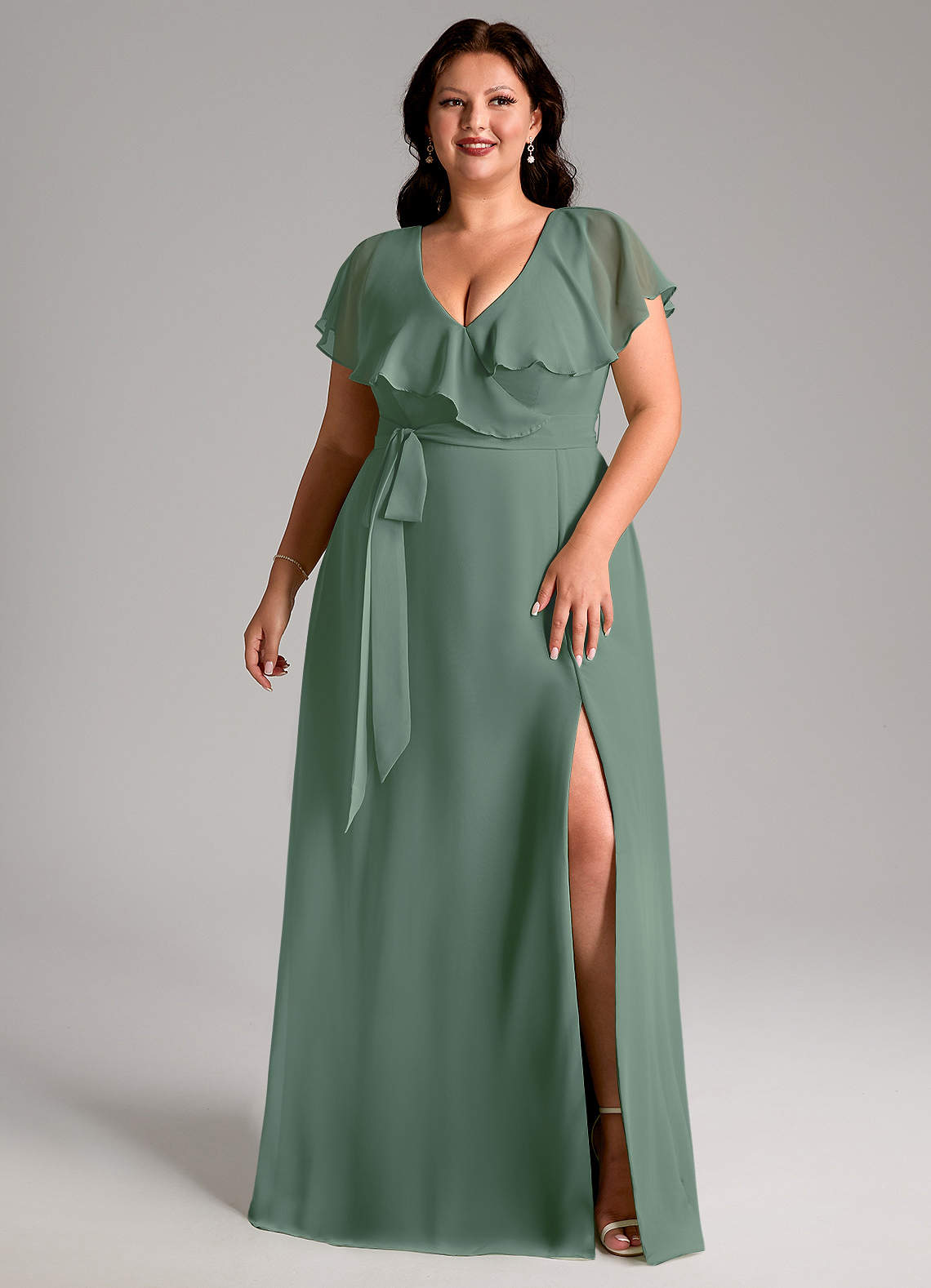 Azazie Lainey Bridesmaid Dresses Eucalyptus A-Line with Pockets Chiffon Dress image9