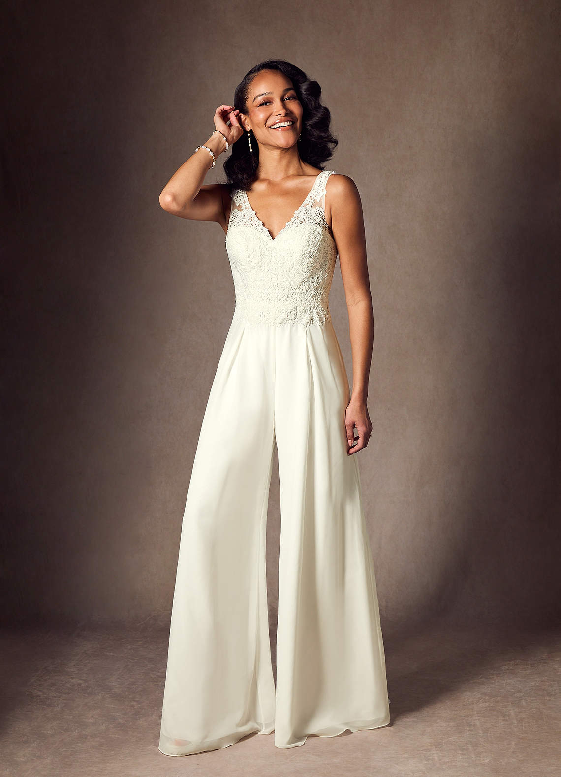 Azazie Florine Wedding Dresses Cream Pant Styles V-Neck Lace Chiffon Dress image1